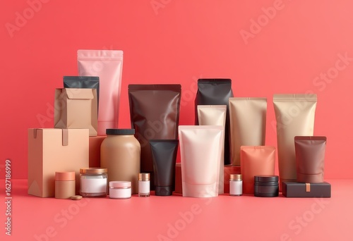 Various product packaging containers on a vibrant background.
