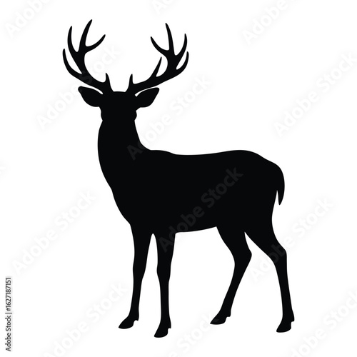Black silhouette of a majestic stag with large antlers standing on a white background stag silhouette
