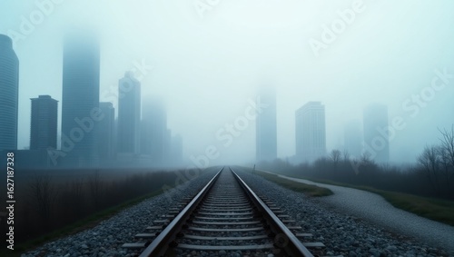 Misty Train Tracks Leading to a Fog-Shrouded City Skyline
