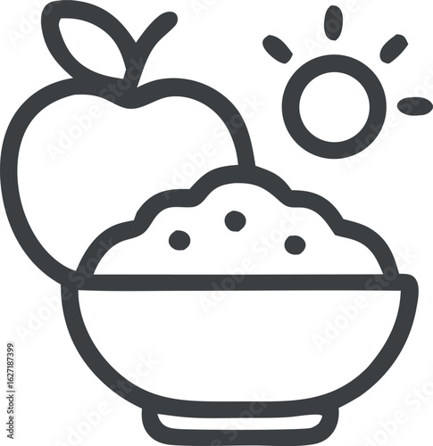 Outline drawing of a bowl with porridge and an apple next to a small sun icon