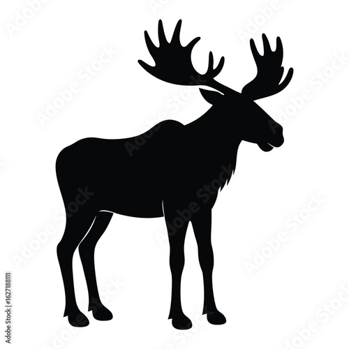 Black silhouette of a moose with large antlers standing on a white background animal wildlife