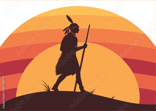 Silhouette of a native american man with a spear walking at sunset isolated on transparent background