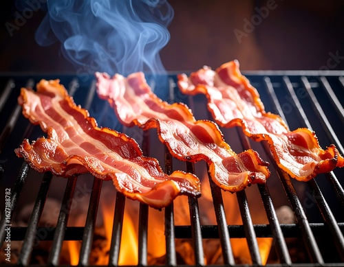Crispy bacon sizzling on a grill
