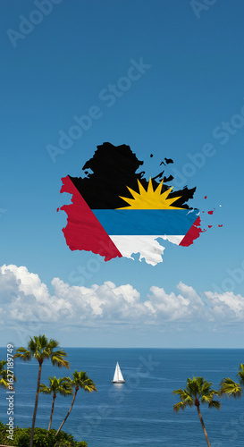 Elegant composition blending Antigua and Barbuda’s red-blue-white flag with a rising sun and sugar mill wheel into the twin-island map. Ocean textures and palm groves.