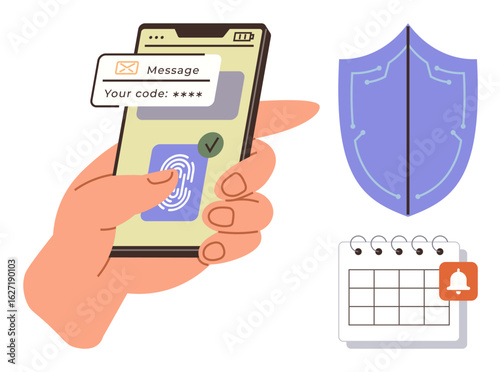 Hand holding phone with fingerprint authentication, security shield icon, calendar with notification. Ideal for data security, two-factor authentication, online safety, password protection, identity