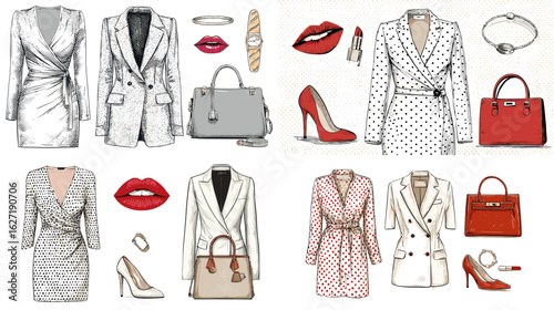 Elegant fashion sketch set of women’s outfits, heels, lipstick, and bags in red, white, and polka dots. Ideal for modern fashion, style blog, and fashion editorial design.

