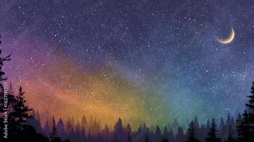 Fototapeta premium Starry Night Sky with Crescent Moon Over Forest Landscape