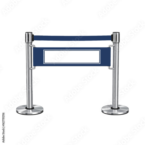 Retractable stanchion with navy blue banner and blank space for customizable message.