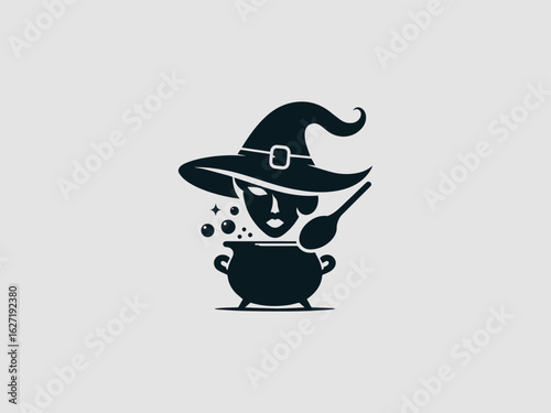 Mystical witch cauldron vector logo illustration with an abstract woman's face and magic potion bubbles