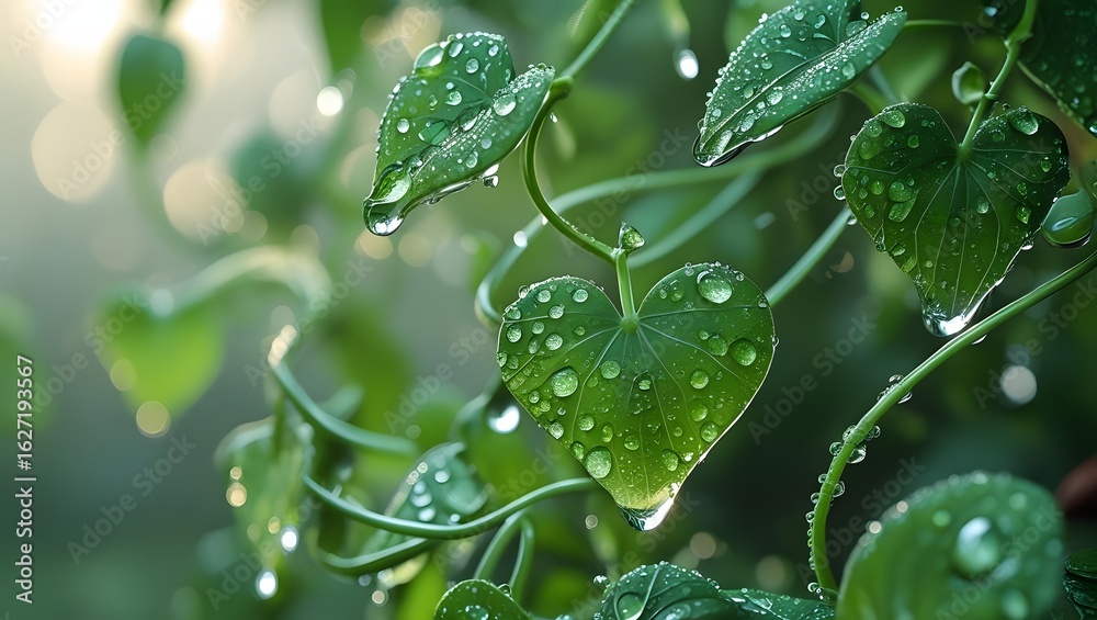 Heart-Shaped Dewy Leaves on Vines in a Beautiful Morning Light Heart-Shaped Dewy Leaves on Vines in a Beautiful Morning Light