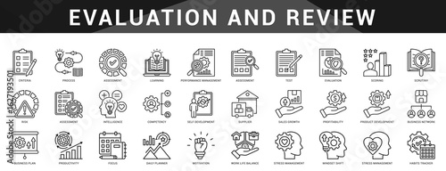Thorough evaluation system and review focused icons for scoring, feedback, and improvement in business or education.  