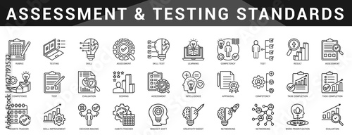 Focused icon bundle for assessments, quizzes, skill tests, and result evaluations in various professional domains.  