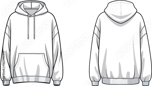 Front and back view of stylish hoodie vector template, modern fashion apparel sketch, technical drawing, casual streetwear design, unisex sweatshirt mockup illustration