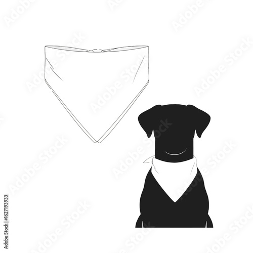 A black dog silhouette wearing a bandana, next to a separate bandana outline on a white background.