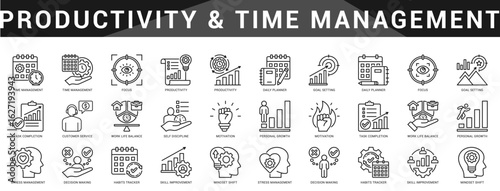 Productivity enhancing icons for time tracking, deep focus, planning, goal setting, and balanced work routines.