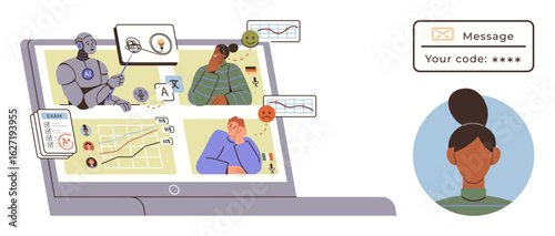Laptop with virtual meeting, AI robot, diverse participants analyzing data, chats, charts, codes, messages. Ideal for remote work, education AI interaction teamwork analytics digital tools