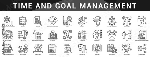 Essential icons for time management, planning, and goal setting to build effective schedules and master your productivity flow day after day.