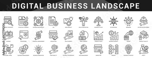 Essential digital business icons from ecommerce to automation and analytics, designed for modern tech enabled business operations.