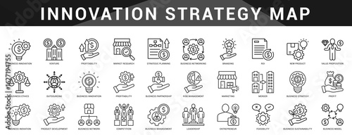 Strategic innovation toolkit with icons for research, ideation, value creation, and product development for business growth.