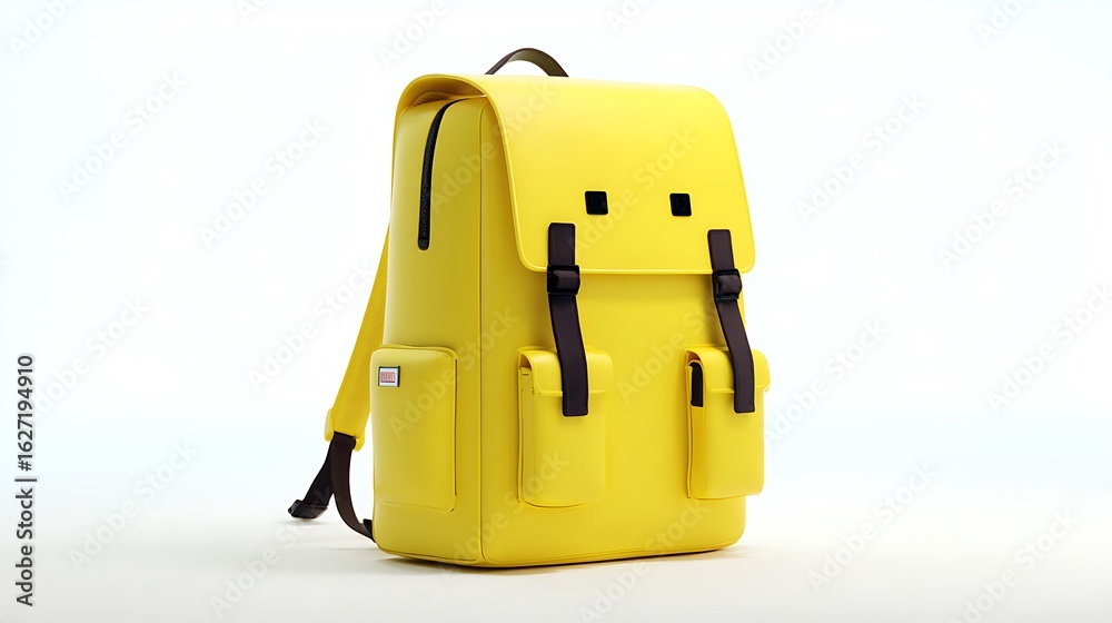 Fototapeta premium Bright Yellow Backpack with Black Straps and Detail Isolated on White Background
