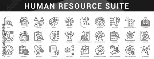 HR focused icon set for recruitment, training, payroll, and performance management in people oriented businesses.