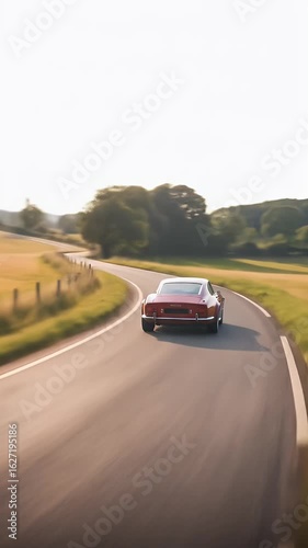 Vintage Red Car Speeding on Asphalt Road in Countryside View