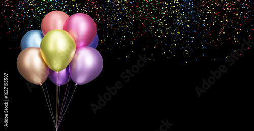 Bunch of colorful balloons on black background with confetti. Empty space for text. 3d rendering