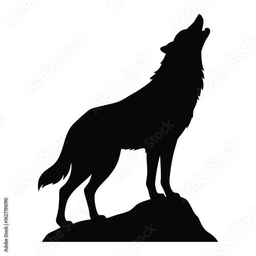 Black silhouette of a wolf howling on a rock against a white background animal wildlife