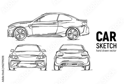 Hand drawn sketch car vector set front back and side view