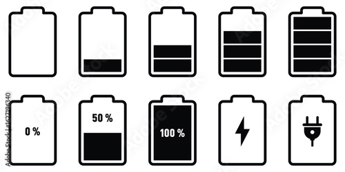 Battery icons vector set. Battery charge indicator or level  full, low, empty, charging battery energy silhouette icon. Black smartphone battery level indicator icons on isolated white background.