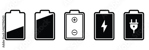 Battery icons vector set. Battery charge indicator or level  full, low, empty, charging battery energy silhouette icon. Black smartphone battery level indicator icons on isolated white background.
