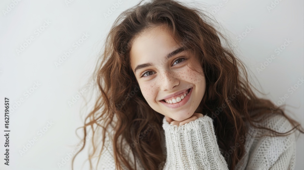 Naklejka premium Portrait of young beautiful cute cheerful girl smiling looking at camera over white background.