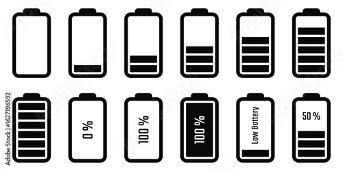 Battery level display mark set, vector illustration, battery icon, battery level icon set