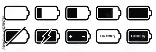 Battery icon. Battery charge icon set. High quality black style vector icons. Battery charge indicator. Battery charge level, energy, full vector illustration