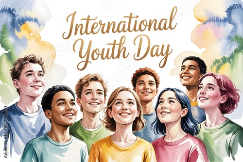 Group of happy teenagers celebrating international youth day with watercolor art