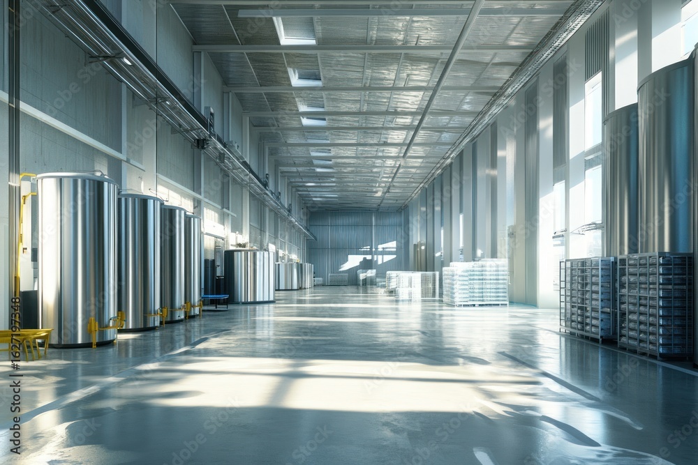 Fototapeta premium Modern, bright industrial warehouse interior with stainless steel tanks and storage.