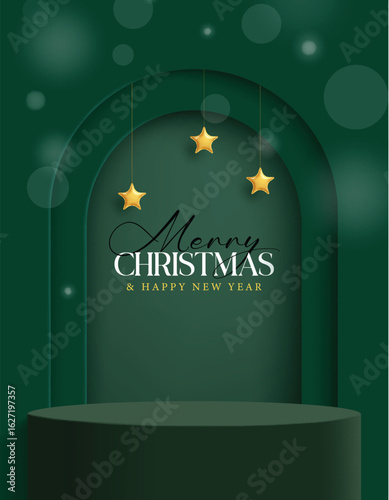 Merry Christmas podium clipart poster. Merry Christmas and Happy New Year greeting card clip art with stage dais for promotion and advertising template in green background vector illustration.  
