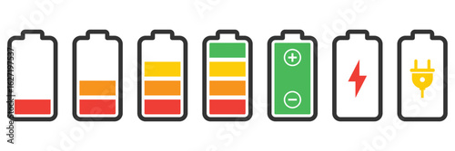 Battery icon vector illustration. Battery charging sign and symbol. Battery charge level. Battery vector icon set with charge level indicators. Flat simple isolated icons on white background