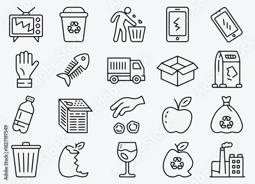 Collection of recycling and waste management icons trash disposal