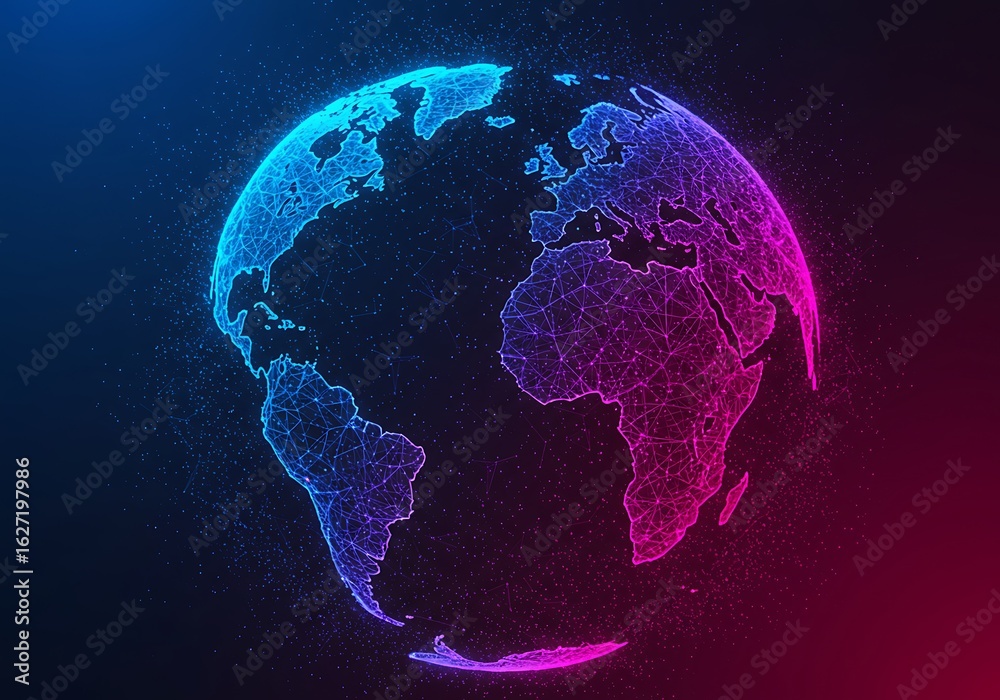 Fototapeta premium A digital plexus globe showing Earth's continents with glowing blue and pink particles on a dark background.