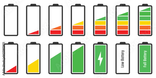Battery icon set. Battery charge level. Battery Charging icon. Symbol of different level of accumulator charge. Battery icon vector set isolated on white background.