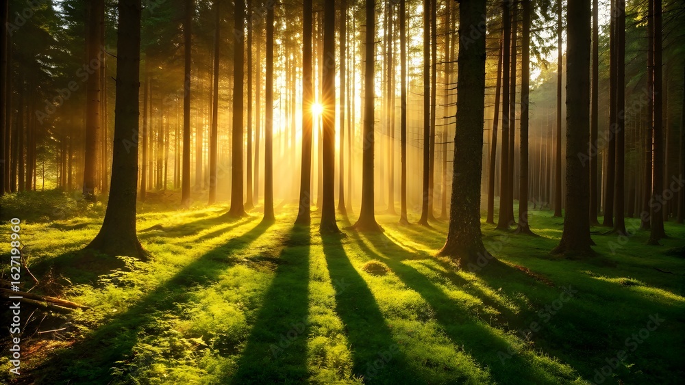 Fototapeta premium Sunlight Streaming Through Tall Pine Trees In Lush Green Forest For Peaceful Nature Landscape And Tranquil Wilderness Scene