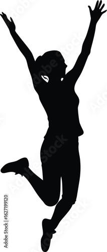 Silhouette of a Happy Woman Jumping with Raised Hands in Excitement