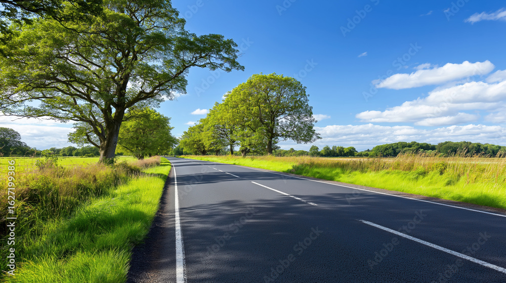 Fototapeta premium Scenic country road lined with trees under a clear blue sky in summer
