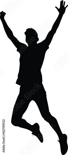 Silhouette of a joyful person jumping with arms raised in excitement, celebrating victory and freedom, showing positive energy and happiness