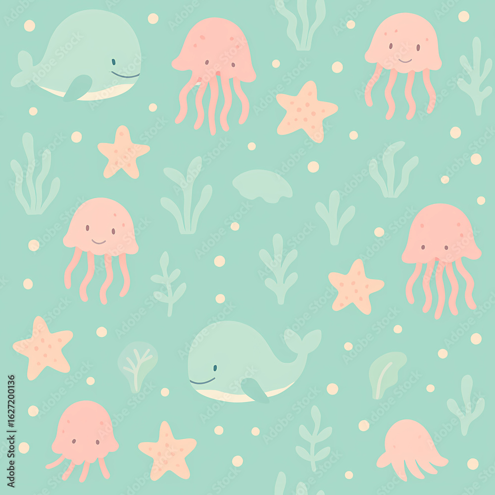 Fototapeta premium A cute seamless pattern featuring smiling whales, pink jellyfish, and starfish on a light blue background.
