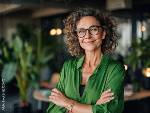 Portrait of a smiling woman with curly hair wearing glasses and a green shirt with arms crossed