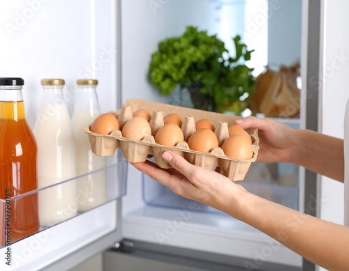 Woman placing carton of eggs in refrigerator