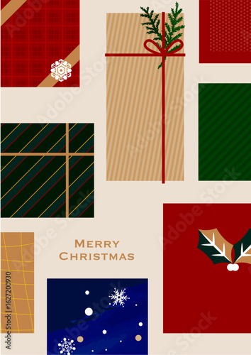 クリスマス・ホリデーのイラスト素材。たくさんのプレゼントボックスの背景素材のイラスト。バナー