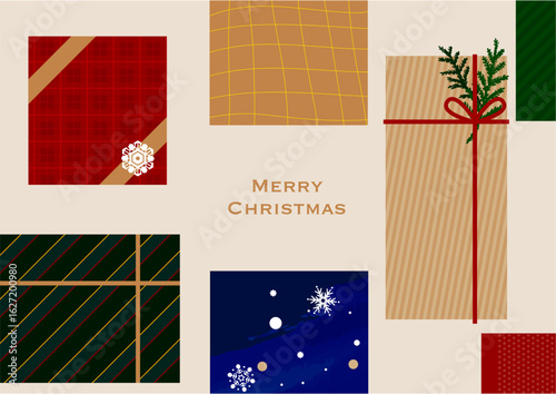 クリスマス・ホリデーのイラスト素材。たくさんのプレゼントボックスの背景素材のイラスト。バナー、フレーム素材